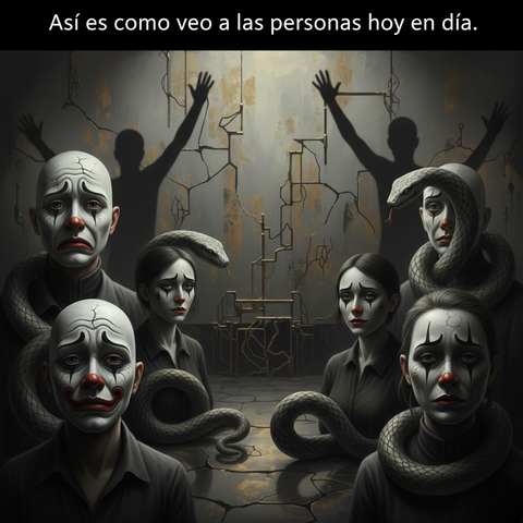 Una escena simbólica y oscura que representa la dualidad y la inautenticidad de las personas. Se aprecian varias figuras humanas en un entorno abstracto y teatral, iluminado con tonos dorados y grises. Los personajes están enmascarados de forma cambiante, con expresiones que recuerdan a payasos melancólicos o a serpientes entrelazadas, sugiriendo la idea de que la apariencia se adapta a quien mira. La composición transmite una atmósfera emotiva y reflexiva sobre el "teatro de la vida" y la verdad oculta tras las apariencias.