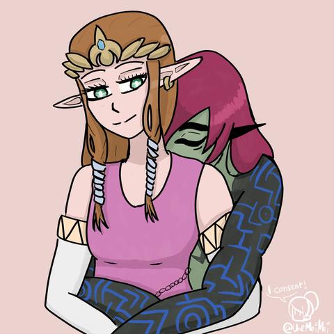 Midna hugging Zelda from behind and gently kissing her shoulder blade