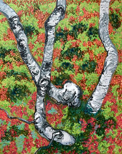 An abstracted acrylic painting of three gnarled and twisting birch trunks against a background of green, red, and magenta foliage. The trunks are painted loosely in a way that looks like ink on paper, in grey and black with the white canvas showing through. The foliage is painted in overlapping lozenge shapes and squiggles.