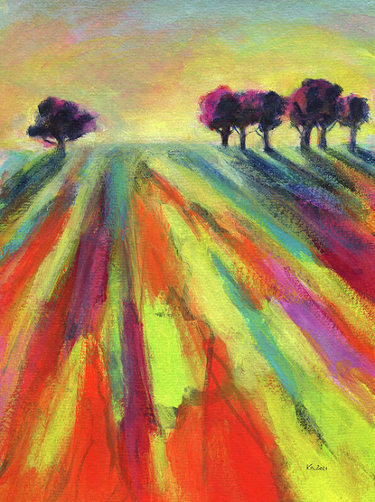 Somewhere is an abstract acrylic landscape painting in vibrant shades of all colors of the rainbow - yellow, orange,red, pink, purple, blue, teal and green, painted in portrait format by artist Karen Kaspar. Imagine a dreamscape with distant trees under a hazy morning sky. In the foreground are green meadows with abstracted blossoming wildflowers like red poppies, white daisies, blue cornflowers, purple meadow sage and yellow buttercups.
