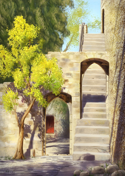 A digital painting of a castle courtyard in the sunshine. A bright green tree grows out of the cobbles next to two archways in old, beige stone, standing side by side. Steps go up through one arch to a dark doorway in a high wall, while more courtyard and dappled shadow can be glimpsed through the other arch. Everything is overlooked by large, dark green trees and a cloudless blue sky.
