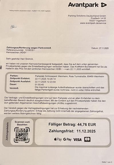 Strafzettel wegen Parküberschreitung