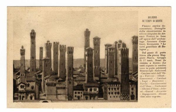 The black and white photograph captures a historic cityscape, likely representing Bologna during the time of Dante Alighieri. The image shows tall, narrow towers that are characteristic of medieval architecture in Italy, with some featuring crenellations indicative of defensive structures or fortifications. These towers rise above multi-storied buildings adorned with windows and various architectural details such as arcades and gables.

The scene suggests a bustling urban environment from the past, possibly illustrating key landmarks within Bologna's city center. The image has text in Italian to provide context about the content depicted and mentions an opera related to Dante Alighieri titled "Il Fiore." There is also mention of various individuals associated with this period or work.

The photograph appears aged, indicative of a historical document rather than modern imagery, potentially serving as documentation for educational purposes regarding Bologna's medieval history.