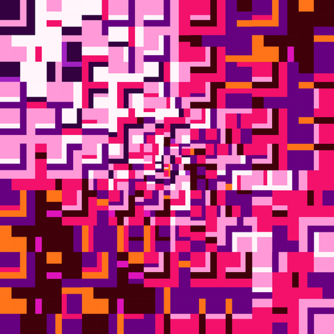 Artwork "Hopeful quest", colourful right angled shapes in white, pink, purple, orange and dark brown. It resembles a figure inside a labyrinth.