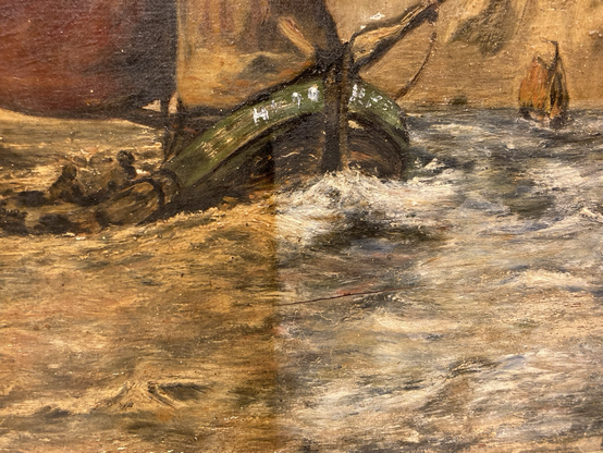 detail van schilderij, onderwerp: vissersboot op golvende zee. tijens verwijderen van zeer vergeelde vernislaag. Recht met gele vernis, links voor een kwart schoon.