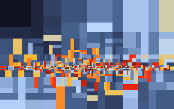 Artwork "Distant world", right angled shapes (mostly rectangles) in shades of red, orange, yellow and greyish blue. Warm colours are located on a central horizontal band.