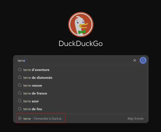 Capture de la page d’accueil de DuckDuckGo (version noai.duckduckgo.com) : dans la pop-up de suggestions sur une recherche sur “terre”, on a en fin de liste une option (encadrée en rouge sur la capture) pour demander une recherche depuis Duck.ai (option censée être absente sur cette déclinaison de DDG…).