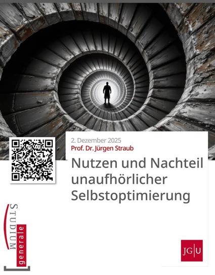 Ein Plakat mit der Ankündigung des im Post genannten Vortrags. Im oberen Teil ein Foto eines Menschen, der von spiralig verlaufenden Treppen eingerahmt ist, als Illustration.