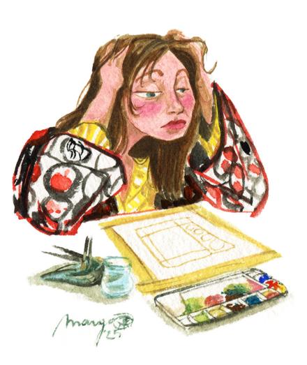 An illustration painted on a white background. A woman is sitting in her pyjamas and morning gown, at a desk. In front of her in an unfinished work, taped to the desk. Her paint colours are in front of it in a palette and the water pot with the brushes are on her right. She has her hands in her hair, and looks comically tired.
