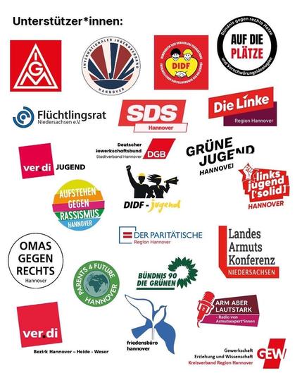 Logos von IG Metall, Int. Jugendverband, DIDF/DIDF-Jugend, Auf Die Plätze, Flüchtlingsrat, SDS, Die Linke, Verdi/Verdi-Jugend, DGB, Grüne Jugend, Linksjugend solid, Aufstehen gg Rassismus, Paritätischer Wohlfahrtsverband, Omas gg Rechts, Parents for Future, Bündnis 90/ Grüne, Landesarmutskonferenz, Friedensbüro, Radio Arm aber Lautstark, GEW