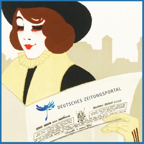 Werbegrafik: Frau mit Hut und sehr roten Lippen liest in Zeitung mit dem Logo des Zeitungsportals auf dem Titel