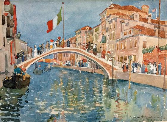 An idyllic scene of a Venetian canal with a stone bridge and people walking along the waterway. Boats are moored in the canal, and Italian architecture lines the streets.