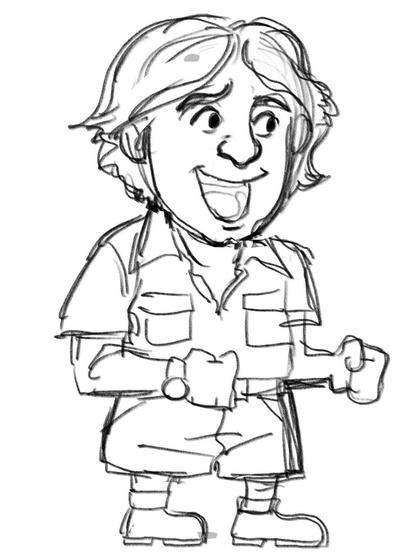 A new pencil sketch of a chibi version of Steve Irwin. A short wavy haired man wearing shorts and an open collar short sleeved shirt. He has a very happy and friendly facial expression.