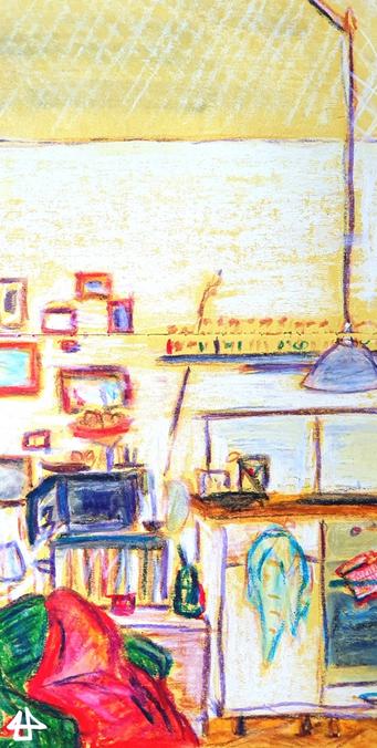 Knallig bunte Wachskreiden auch weiss deckend auf gelbem Karton, neben dem Herd mit Hängelampe und langem Gewürzregal, eine kleine Mikrowelle auf nem Regal, davor n grüner Sessel mit roter draufgequrachtelter Decke.