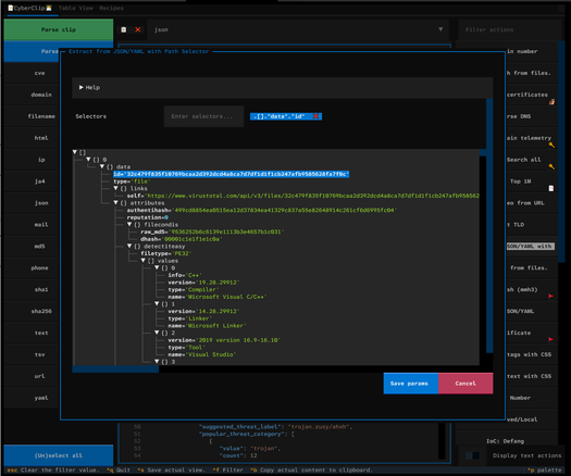 Terminal User Interface displaying a JSON structure and allowing user to select field of interests that should be returned.