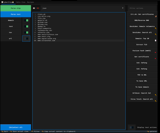 Main Terminal User Interface, domain names are displayed in the middle. On the left, useful actions for investigating domain names are displayed.
