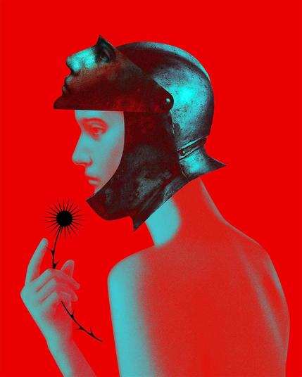 A figure in a metallic helmet holding a spiky flower against a vivid red background, showcasing a stark contrast of colors.
