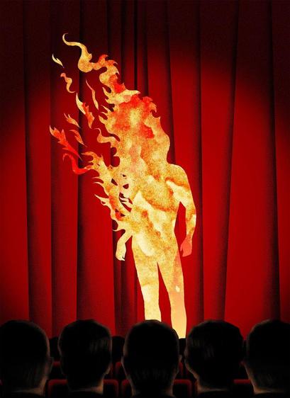 A glowing silhouette of a figure engulfed in flames stands against a red curtain, observed by an audience from afar.