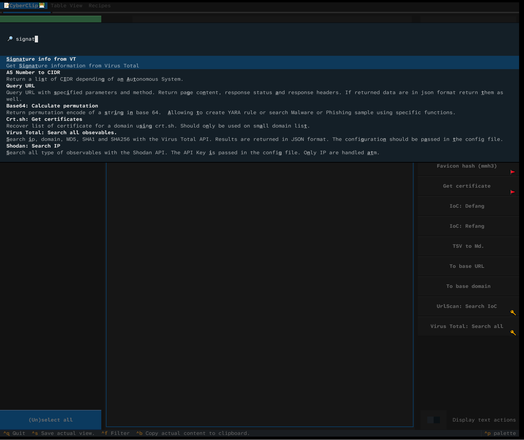 Terminal User Interface showing a command palette. The defined recipe appears here and could be used in future investigations!