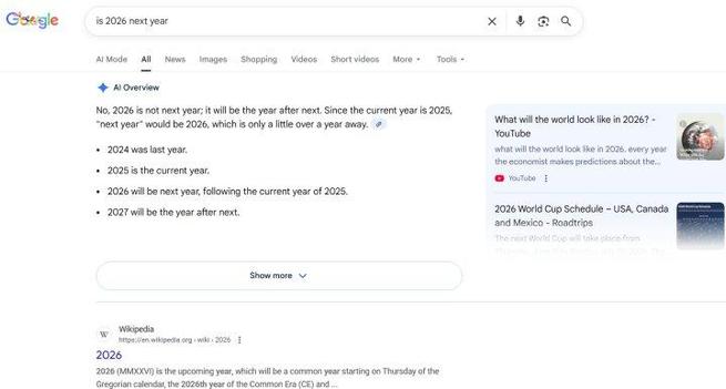 Screen capture of Google search result for 'is 2026 next year'.