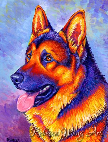 A colorful painting of a German shepherd dog.