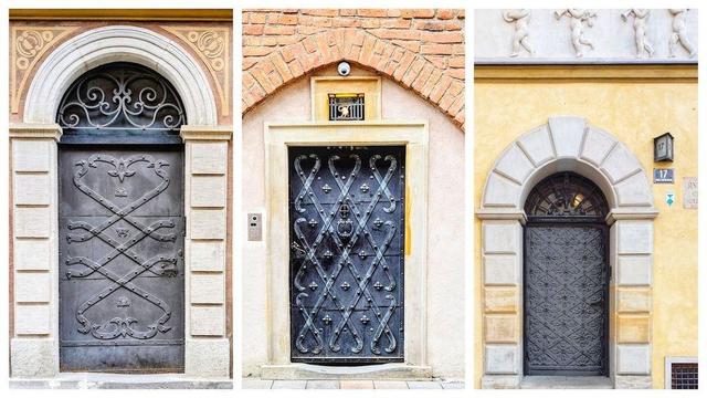 A collage consisting of three vertical panels showing ornate, historic metal doors.

* **Left:** A dark grey door with large, scroll-work metal straps forming an X-shape, set within a rusticated stone frame and topped with a decorative semi-circular window and painted arch.
* **Center:** A black iron door featuring a studded diamond lattice pattern and a central knocker, framed by light stone and surmounted by an exposed red brick arch.
* **Right:** A dark metal door with a small, repetitive diamond pattern set into a heavy beige stone archway on a yellow wall, with a frieze of white sculpted cherubs visible at the top.