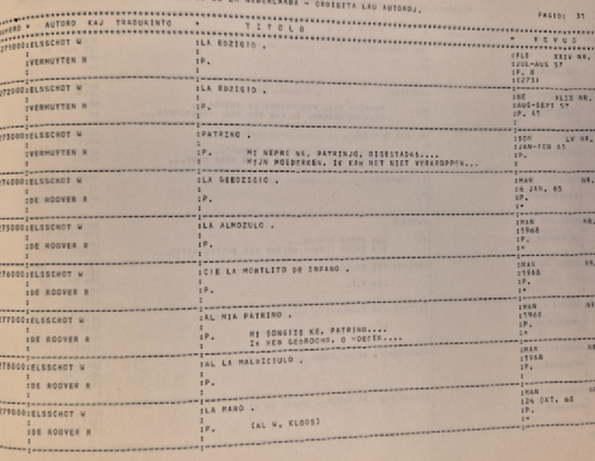 Bladzijde uit de bibliografie met de Elsschot-vertalingen in het Esperanto.