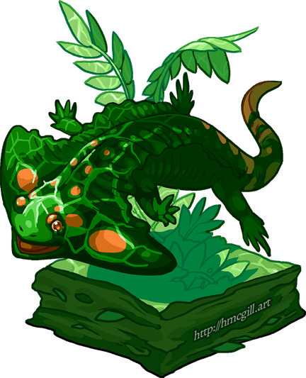 Digital cel-shaded art of a diplocaulus, which is an ancient amphibian with a wide, boomerang-shaped head. The diplocaulus is depicted underwater in some kind of pond, floating over a chunk of pond dirt that contains underwater plans and fallen fern leaves dissolving into green muck. The animal has orange spots on its dark green skin, and the light of water overhead dances across its form.