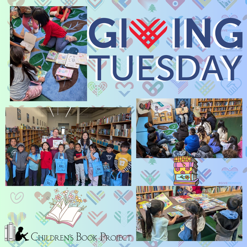 Multiple pictures of children reading  and being read to, also posing with their blue tote bags.