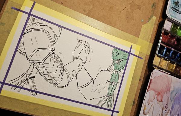 Two buff lizard aliens doing the manly predator handshake