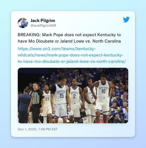 BREAKING: Mark Pope does not expect Kentucky to have Mo Dioubate or Jaland Lowe vs. North Carolina
https://t.co/EDUET1AiwO https://t.co/AZnVyQt1Yu
