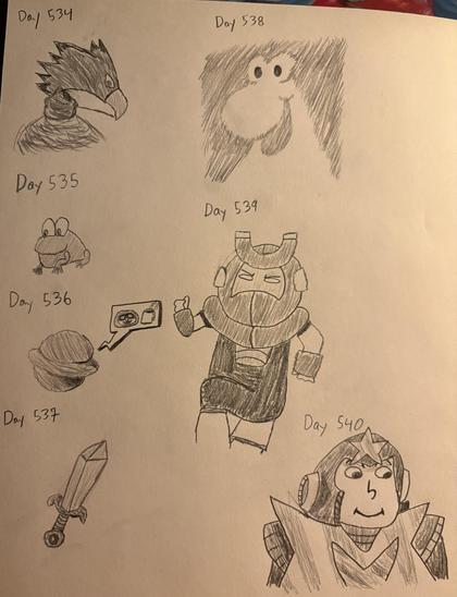 Day 534: Fumikage Tokoyami (My Hero Academia)

Day 535: Gekomon's v-pet sprite (Digimon)

Day 536: The Campanella (UFO 50 - Campanella)

Day 537: A random fantasy sword, somewhat based off of various Zelda and Kirby sword designs.

Day 538: A Nerd (candy mascot), wanted to try something different with negative space usage. It's actually a lot harder to plan out a drawing when the subject is the part I'm not drawing.

Day 539: MagnetMan (YouTube Video: MAGNETMANG)

Day 540: StarMan (YouTube Video: Last 30 Hours in Flash CS5)