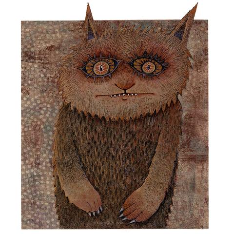 Textured colors of spotted, mottled brown and orange. An ink drawing of a cat/bear-like creature stares with distress and wonder outward. It has a  small nose and a long thin mouth with seven sharp protruding teeth.  It clawed arms hang protectively in front of it.