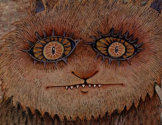 Textured colors of spotted, mottled brown and orange. An ink drawing of a cat/bear-like creature stares with distress and wonder outward. It has a  small nose and a long thin mouth with seven sharp protruding teeth.  It clawed arms hang protectively in front of it.