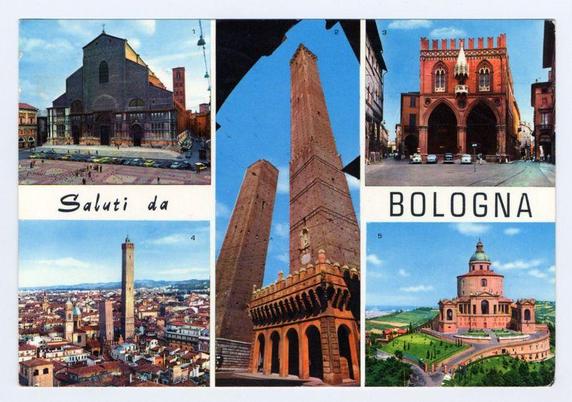The image is a postcard featuring various historic landmarks from the city of Bologna, Italy. There are five separate photographs on this card: "Saluti da" (Hello from) at the top left with an illustration of San Petronio Basilica and Piazza Maggiore; photograph 2 showcasing Guglielmo Savini's Torri Guelfe tower alongside a depiction of the Torre dei Manfredi in Bologna city center. Photograph number 3 captures Palazzo d'accoglienza, adjacent to the Torre Asinelli on Via Rizzoli street with its facade adorned with arcades and windows; photograph four presents an aerial view of the medieval town featuring Porta Saragozza Gate among numerous rooftops; finally, photo five illustrates Santa Maria della Pomposa Basilica located in a hilly landscape. The card's background is blue sky over white clouds which provides contrast to these colorful images.