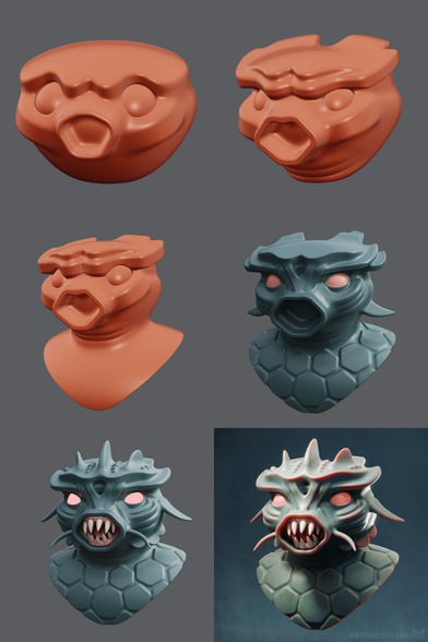 Several 3D sculpting stages of a retro movie style sea monster.