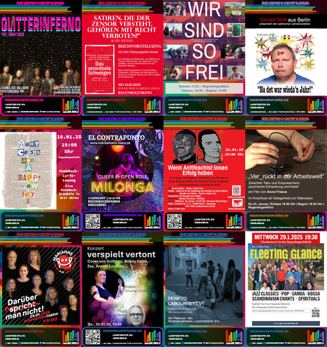 Collage von Veranstaltungsplakate von Events, die im Januar 2025 in der Regenbogenfabrik stattgefunden haben.