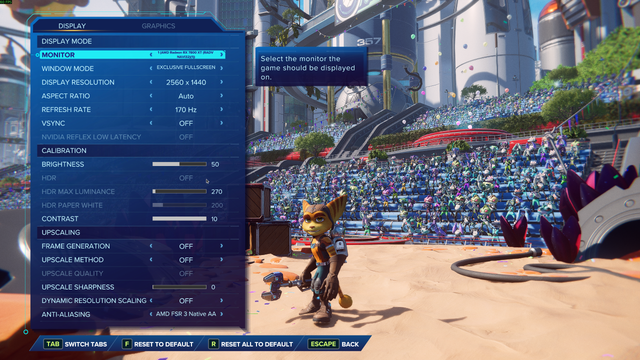 Screenshot of the game Ratchet & Clank: Rift Apart from the very beginning of the game. The graphics settings are opened with the cursor hovering over "HDR", which is unavailable.