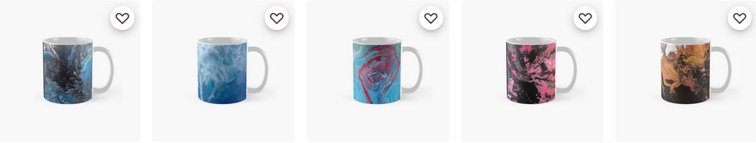 screenshot of a serie of mugs with abstract painting on them