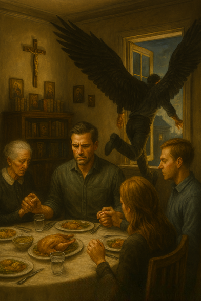 Una pintura al óleo oscura y simbólica que retrata a cuatro miembros de una familia rezando alrededor de una mesa de cena en un interior con poca luz. De forma dramática y surrealista, una figura alada de color oscuro (un ángel o demonio con grandes alas negras) está saltando o volando por una ventana abierta en el fondo, contrastando fuertemente la devoción de la familia con la acción sobrenatural o la huida.