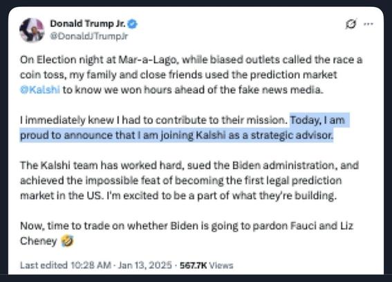 A Twitter post from Donald Trump Jr. announcing that he is joining the prediction market platform Kalshi as a strategic advisor. The tweet discusses election night at Mar-a-Lago and expresses excitement about contributing to Kalshi's mission. The post includes commentary on…
