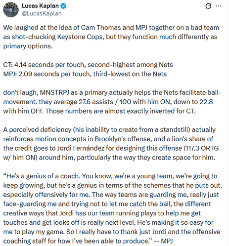 The Nets are moving the ball at an elite level with Michael "Never Swing the Rock" Porter Jr as the focal point of the offense. MPJ gives the credit to Jordi Fernandez