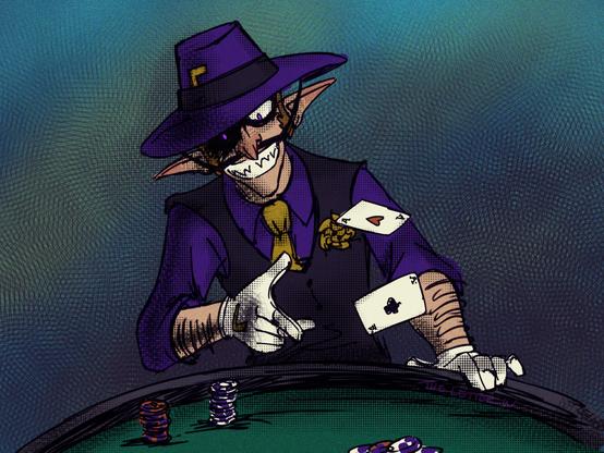 Waluigi dressed in a vest and tie, retaining his usual black and purple colour scheme. He's also wearing a trillby style hat, with his inverted L being represented as a deep gold coloured decoration tucked into the band. His tie and vest pocket flower are also this colour. He's looking downwards and flipping two ace cards towards the viewer with a wide grin. His right eye is cast in shadow, though his purple eye glows through. The other hand grips on the playing table and he has two stacks of poker chips in front of him, and a pile towards the center of the table.