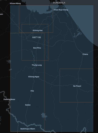 A map showing satellite image boundaries for four images in the Hat Yai area.