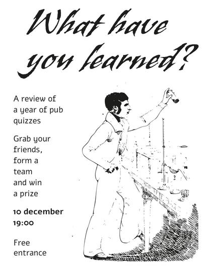 What Have You Learned? A review of a year of pub quizzes. Grab your friends, form a team and win a prize! 10 December, 19:00, free entrance, ACU Voorstraat 71 Utrecht