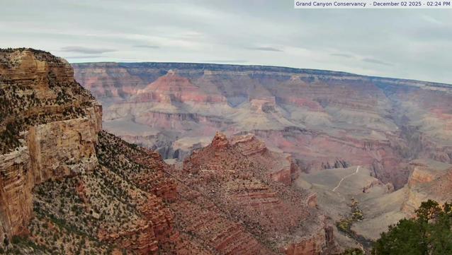In this north-facing view, the Battleship formation is in the center, and Havasupai Gardens (formerly known as Indian Garden) is visible - lower right, 3000 feet (915 m) below. Kolb Studio was the family home and photography studio of the Kolb Brothers, pioneer photographers at Grand Canyon. Verify that the time and date of the picture is current (upper right in the photo) Camera is hosted by Grand Canyon Conservancy. The image updates every minute.