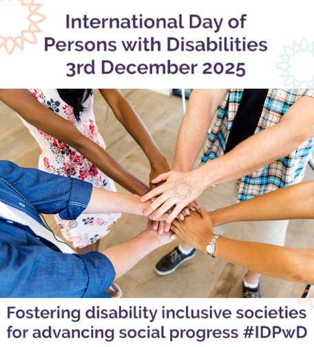 Four people with different skin colours, standing in a circle with hands all in the centre, seen from above.
Text above reads "International Day of Persons with Disabilities 3rd December 2025" and below is this year's theme: "Fostering disability inclusive societies for advancing social progress #IDPwD". Text is purple on white.
Decorated with several faint NV Access sunburst designs in less crowded parts of the image.