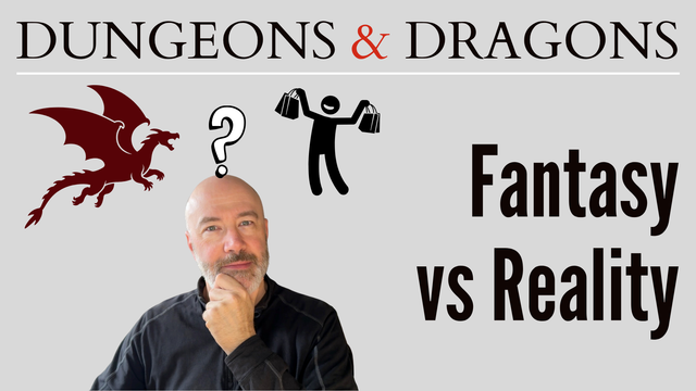 Creator, a middle-aged bald white man with a salt-and-pepper beard, clasps his chin in contemplation. A question mark appears above his head as well as a stick-figure drawing of a person holding shopping bags. The words "DUNGEONS & DRAGONS" appears above the top of the image, with the video title occupying the right-hand side of the image.