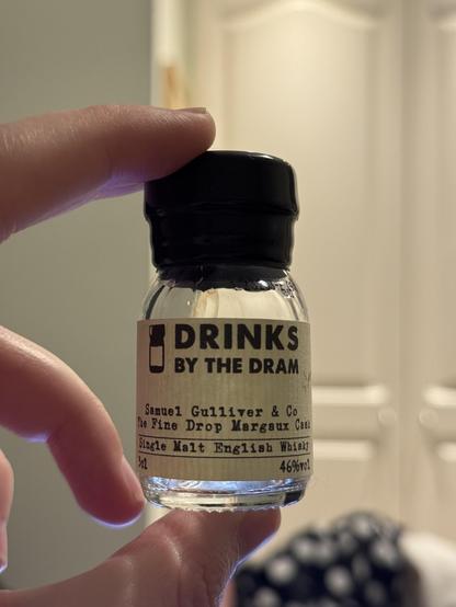 A taster dram of Samuel Gulliver & Co The Fine Drop single malt English whisky.