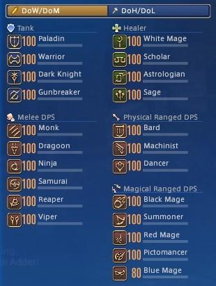 A screenshot from Final Fantasy Fourteen showing every job at level cap.